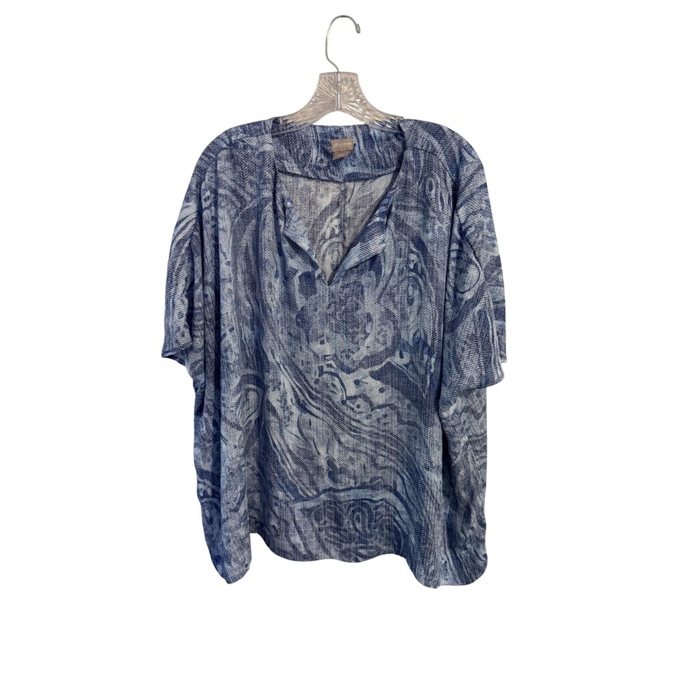 Chicos‎ Womens Size 3 Blue White Abstract Marble Print Split V-Neck Blouse